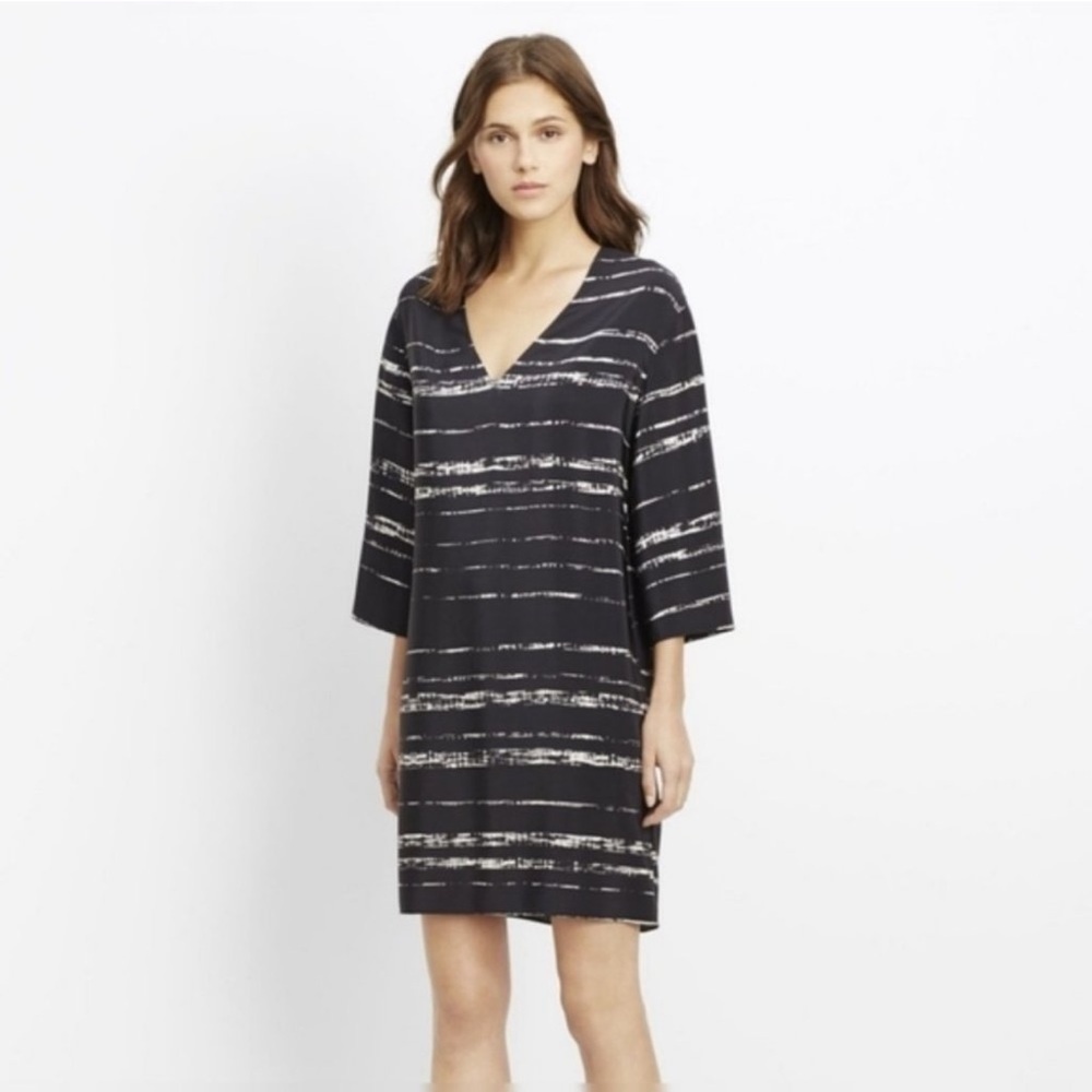 Vince Shadow Stripe V-Neck 100% Silk Tunic Dress